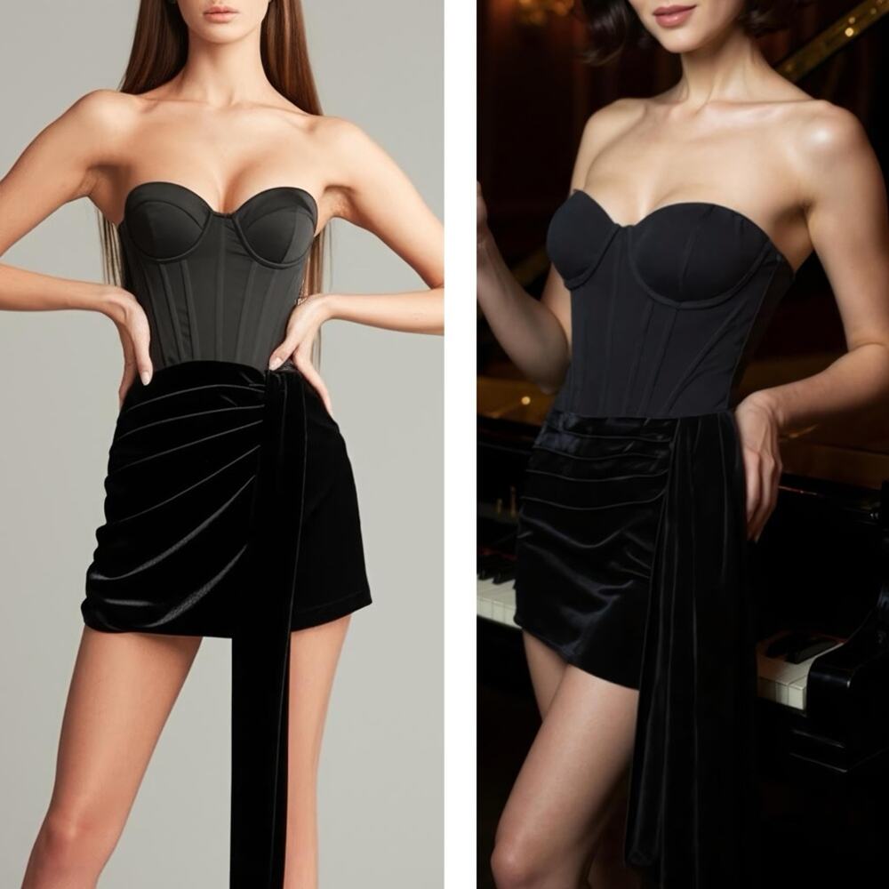 RETROFETE Bustier Lace Up Ruched Draped Black Mini Dress Size XS
